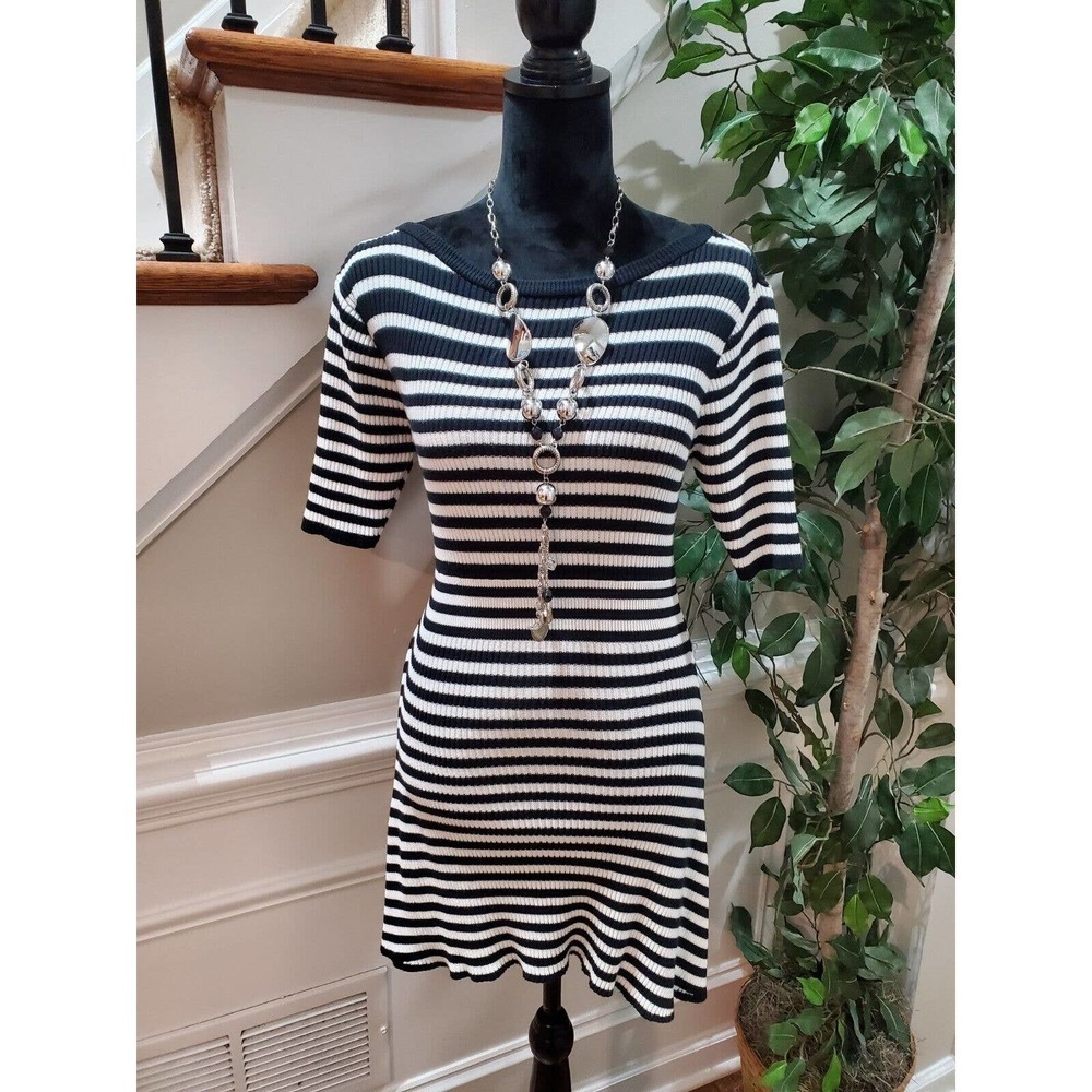 Sly Guild Black & White Cotton‎ Round Neck Long Sleeve Knee Length Dress Size 1